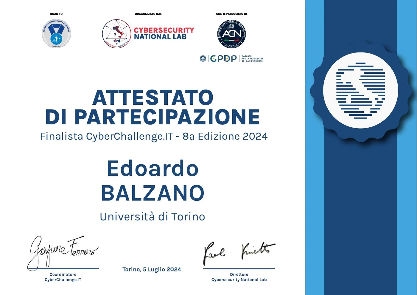 CyberChallenge.IT 2024 finalist certificate issued to Edoardo Balzano